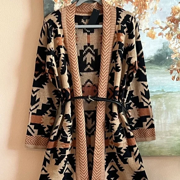 Native Print Cardigan Boho Tribal Print Long Sweater Western Pocketed - Picture 5 of 6
